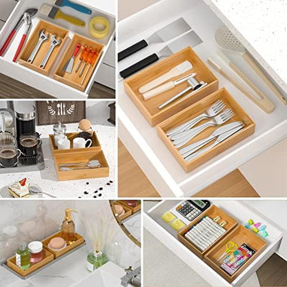 VeyFey Silverware Tray for Drawer, Stackable Kitchen Bamboo Drawer Organizer 9" x 6" x 2" Set of 2