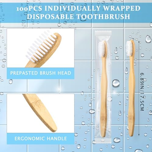 Sliner 100 Pcs Disposable Bamboo Toothbrushes Prepasted