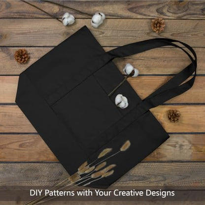 TOPDesign 30-Pack Canvas Tote Bags with an External Pocket, Reusable Grocery Shopping Bags, Top Zipper Closure, Daily Essentials (Black)