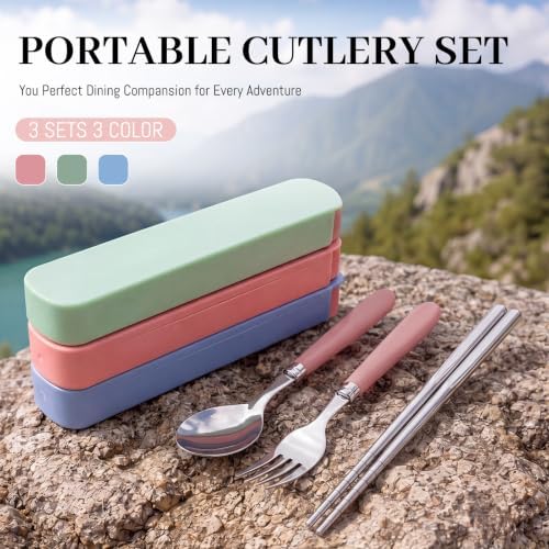 Domensi 3 Sets Portable Travel Utensil Set with Case Stainless Steel