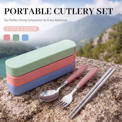 Domensi 3 Sets Portable Travel Utensil Set with Case Stainless Steel