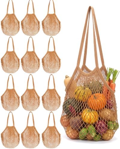 Eccliy 12Pcs Reusable Cotton Mesh Grocery Bag with Handle, Coffee, 10 in