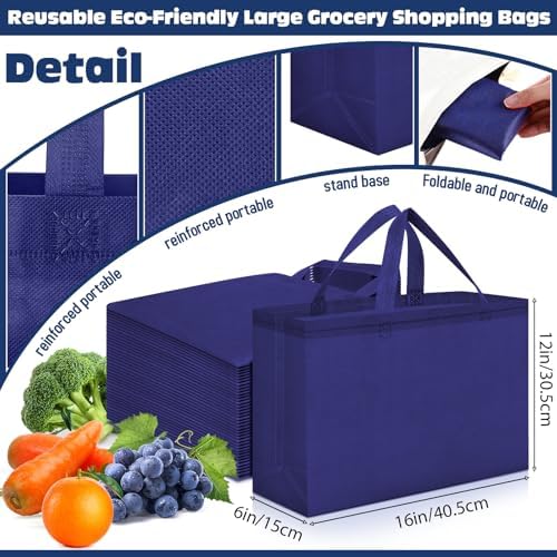 Windyun Reusable Grocery Bags Large Non Woven Shopping Bags with Handles Foldable Portable Tote, 16x6x12 Inch