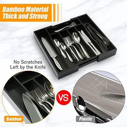 Bellsal Black Silverware Organizer Kitchen Drawer Organizer Expandable Bamboo Utensil Holder Cutlery Tray for Kitchen Utensil and Flatware Bedroom Office