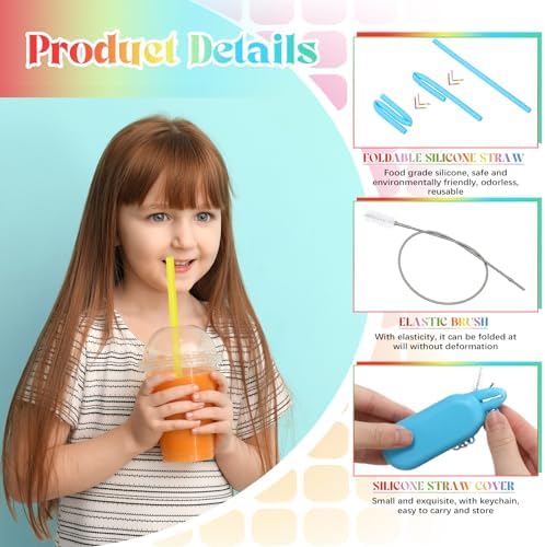 Meanplan 4 Sets Reusable Straws Travel Case Brush Silicone,Rainbow Colors