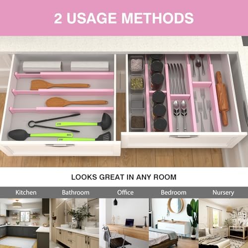 ANTOWIN Expandable Bamboo Drawer Dividers Organizers, Drawer Separators Splitter, 17-22 inches Long Adjustable Spring-loaded Organizer for Large Utensil, Clothes, Tools(Pink)
