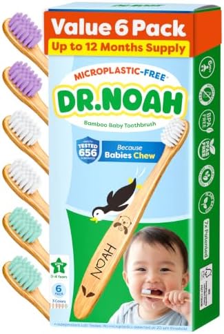Dr. Noah Microplastic-Free Bamboo Baby Toothbrush, Dentist Designed, 6 Pack