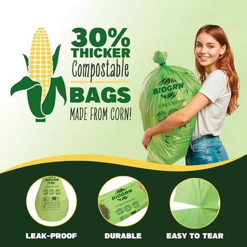 50-55 Gallon Compostable Trash Bags, 12 Count, 1.57 Mil Heavy Duty Flat Top Large Trash Bags for Lawn, Leaf, Yard Waste & Outdoor Garden Cleanup, ASTM D6400 BPI & OK Compost HOME Certified