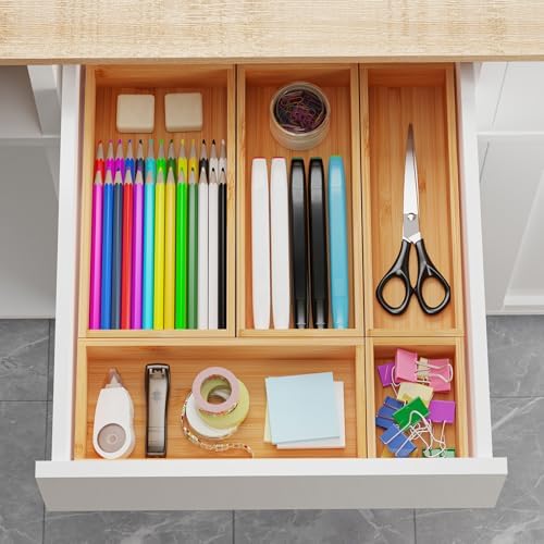 Bamboo Drawer Organizer Boxes, 5 PCS Junk Drawer Organizer, Wooden Storage Trays for Kitchen, Bathroom, Office, Makeup