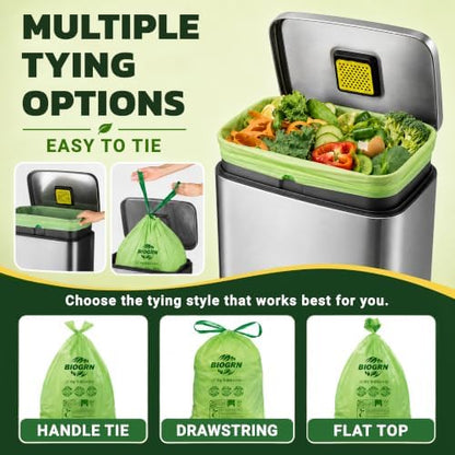 10-13 Gallon Compostable Trash Bags Drawstring 30 Bags Heavy Duty Extra Thick 1 Mil 49.21 Liter Biodegradable Trash Bags Compost Bags Green for Kitchen ASTM D6400 US BPI and OK Compost Home Certified
