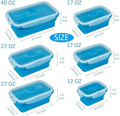 Plus 6PCS Foldable Silicone Food Storage Containers for Kitchen Storage for Leftovers Fruits and Meal Prep Dishwasher Safe Microwave Safe Ideal for Home and Travel (blue, square)