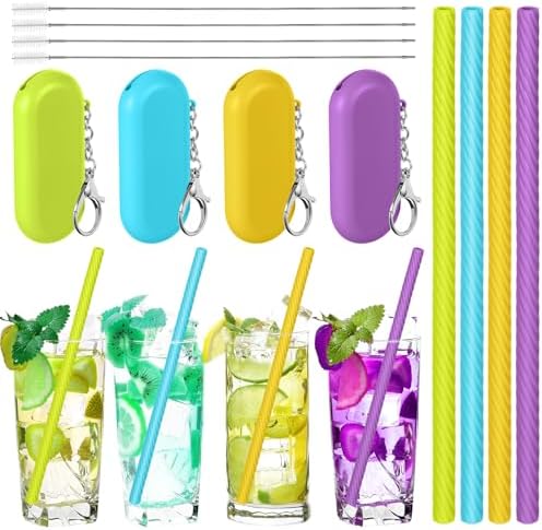 Meanplan 4 Sets Reusable Straws Travel Case Brush Silicone,Multicolor