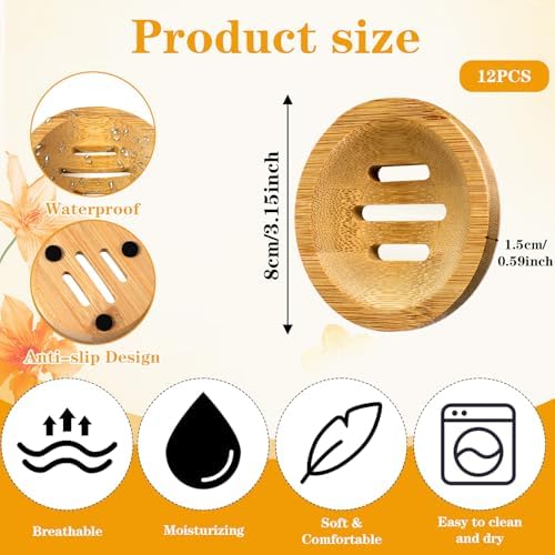 12 Pcs Round Soap Dishes Bulk, Bamboo Soap Holder Self-Draining Tray for Shower Kitchen Sink Bathroom