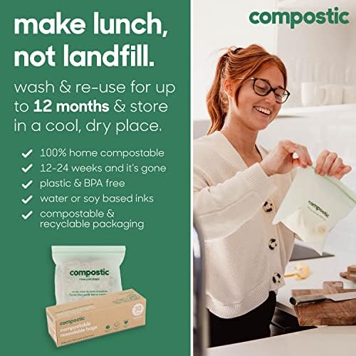 Compostic Compostable XL Sandwich Bags, 60 Ct Starter, Zip-Seal