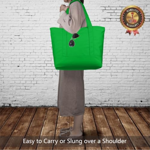 TOPDesign 3-Pack Canvas Tote Bags with an External Pocket, Reusable Grocery Shopping Bags, Top Zipper Closure, Daily Essentials (Lime Green)