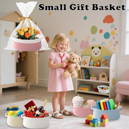 Woven Rope Basket - Baby Gift Basket with Bag & Ribbon, White&Pink