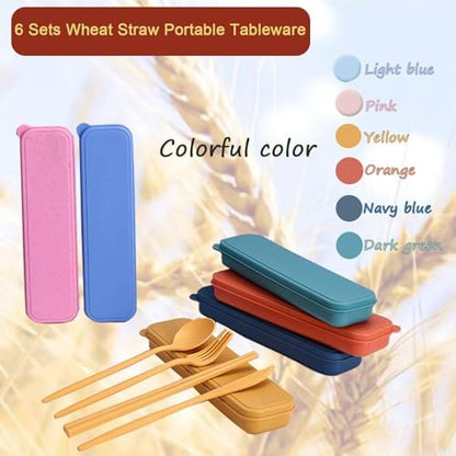 6 Pack Wheat Straw Cutlery, Portable Travel Utensils Spoon Fork Knife, Reusable Flatware Set with Case for Travel Office Lunch Camping Daily Use(6 Colors)