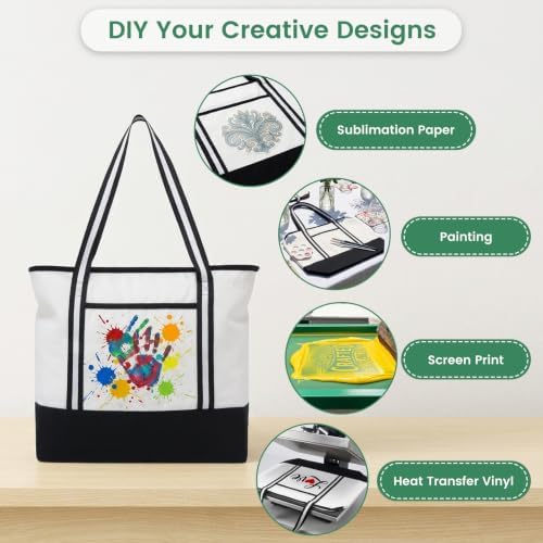 Carbrea 15 Inch Large Canvas Tote Bag with Bottom Support, White, 1 Pack