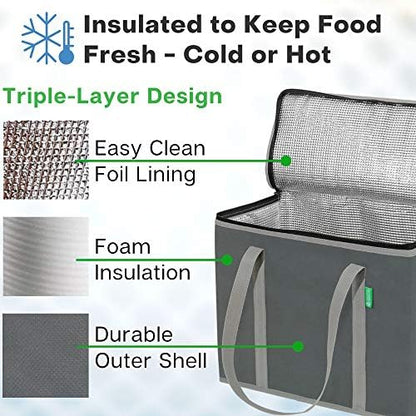 Creative Green Life XL Insulated Reusable Grocery Bags (2-Pack) - Premium Quality Cooler Bags with Hard Bottom Insert, Stands Upright, Washable