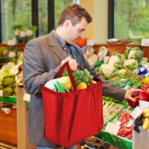 Zhehao 60 Pcs Reusable Grocery Bags Bulk Large Foldable Shopping Tote Bags Non Woven with Handle and Plastic Button(Red)