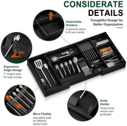 Bamboo Expandable Kitchen Drawer Organizer, 17.7-29.5 in,Black