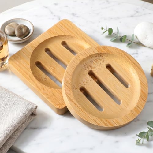 2 Pcs Bamboo Soap Holder, Wood Soap Dish (Round and Square)