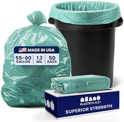 Plasticplace 55-60 gallon Trash Bags │ 1.2 Mil │ Green Heavy Duty Garbage Can Liners │ 38” x 58” (50Count)