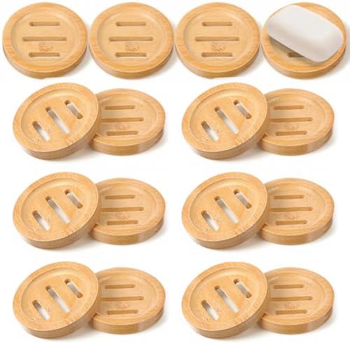 16 Pcs Bamboo Soap Dishes, Wooden Soap Holder with Drainage - Round Natural Soaps Trays for Bathroom, Kitchen, Shower (3.2 Inch)