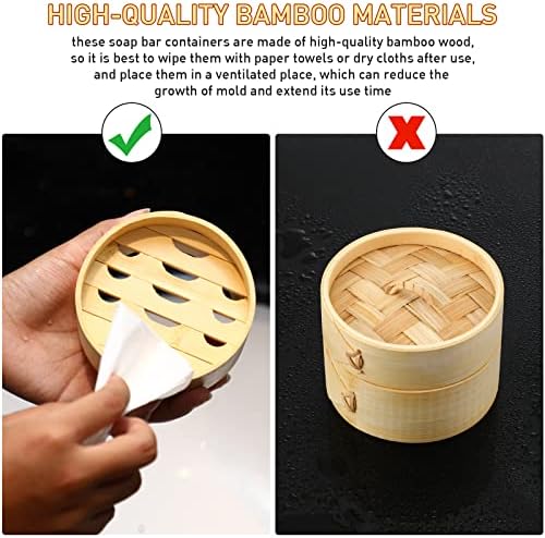 Chengu Natural Bamboo Soap Bar Holder with Lid Soap Dish Drain Foaming Net Shampoo Container Wood Tray Handmade Bamboo Case for Bathroom Shower Kitchen(4 Pcs,5.1 Inch)