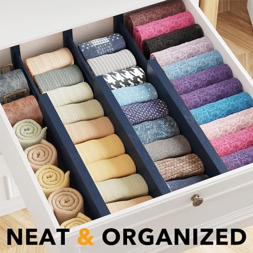 SpaceAid Bamboo Dresser Drawer Dividers 6 Pack, 4.65“ High Adjustable 12.5“-17” Drawer Organizers, Expandable Organization for Clothing, Clothes, Dressers, Navy Blue