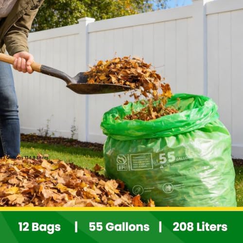 30-33 Gallon Compostable Trash Bags Liners Flat-Top, Heavy Duty Extra Thick 1.28 Mil, 124.92 Liter, 30 Bags, Lawn, Yard, and Restaurant Use, ASTM D6400, US BPI Certified