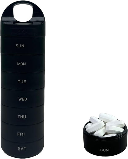 Black Plastic Weekly Pill Organizer - Smart Medicine Pill Organizer Travel - Waterproof, BPA-Free 7 Day Medicine Container - Pill Holder for Vitamins & Medications