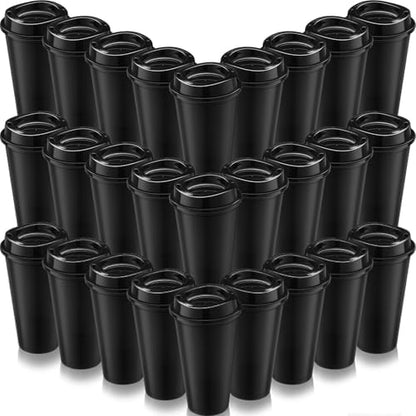 Honeydak 45 Pack 16 oz Reusable Coffee Cups with Lids Water Bottle Iced Coffee Travel Mug Reusable Portable Plastic Tea Tumblers Bulk for Hot and Cold Drinks Birthdays Party(Classic,Black)