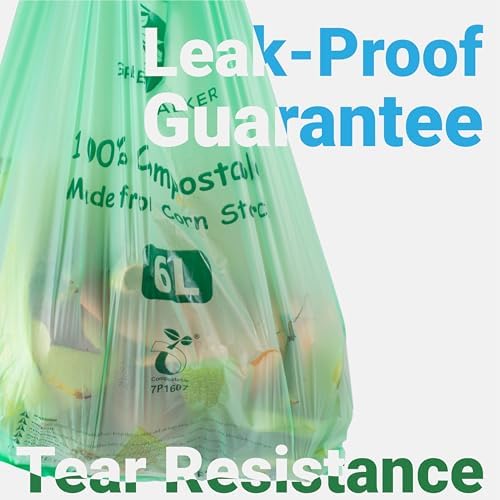 GREENER WALKER 100% Compostable Trash Bags with Tie Handles, 1.6 Gallon-150Bags, Food Scrap Kitchen Waste Bags with EN13432 Certified