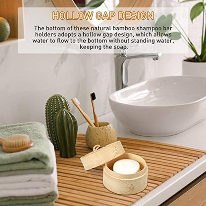 Chengu Natural Bamboo Soap Bar Holder with Lid Soap Dish Drain Foaming Net Shampoo Container Wood Tray Handmade Bamboo Case for Bathroom Shower Kitchen(4 Pcs,5.1 Inch)