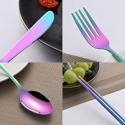 Rainbow Working Lunch Silveware Set,Reusable Travel Utensils Set With Case Includes Stainless Steel Chopsticks Knife Spoon And Fork,Camping Picnic Essentials