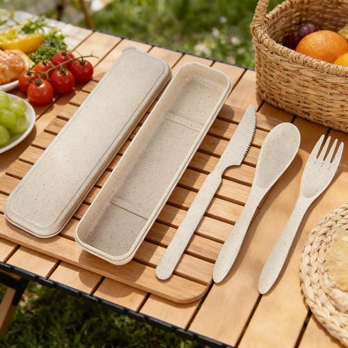 2Pack Wheat Straw Utensil Set, BPA Free Reusable Fork Spoon Knife with Case