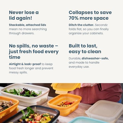 Drip EZ Secondz Collapsible Food Storage Containers (set of 3) - Meal Prep, Leftovers, Lunch, Camping, Hiking - Dishwasher & Microwave Safe - BPA-free Silicone - Locking Lids - Sandstone