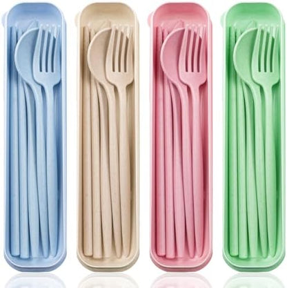 ELANE 4 Sets Reusable Travel Utensils Set with Case,Camping Cutlery Set Reusable Cutlery Set with Case,Utensil Sets for Lunch Picnic Daily Use Outdoor