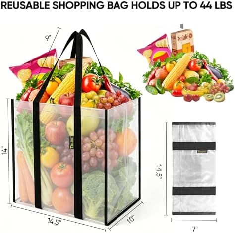 BALEINE 2 PK Grocery Bags Reusable Shopping Bags with Reinforced Bottom, Heavy Duty Foldable Tote Bags (Transparent)
