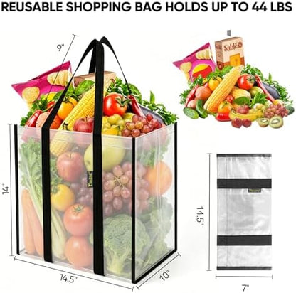 BALEINE 2 PK Grocery Bags Reusable Shopping Bags with Reinforced Bottom, Heavy Duty Foldable Tote Bags (Transparent)