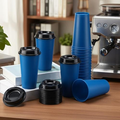 Honeydak 45 Pack 16 oz Reusable Coffee Cups with Lids Water Bottle Iced Coffee Travel Mug Reusable Portable Plastic Tea Tumblers Bulk for Hot and Cold Drinks Birthdays Party(Classic,Navy Blue)