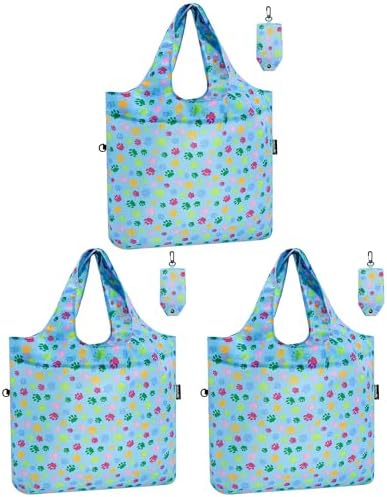 HOLYLUCK Reusable Grocery Bags,Heavy Duty Foldable Shopping Tote Bag (Standard, 3 Blue Dog Paw Prints)