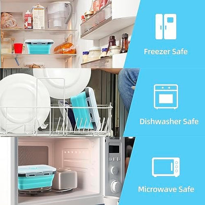 GEMLORD 10 Pieces Collapsible Food Storage Containers Foldable Silicone Lunch Containers with Airtight Lids, 5 Pcs Rectangle and 5 Pcs Round Food Bowls for Kitchen Microwave Freezer Dishwasher Safe