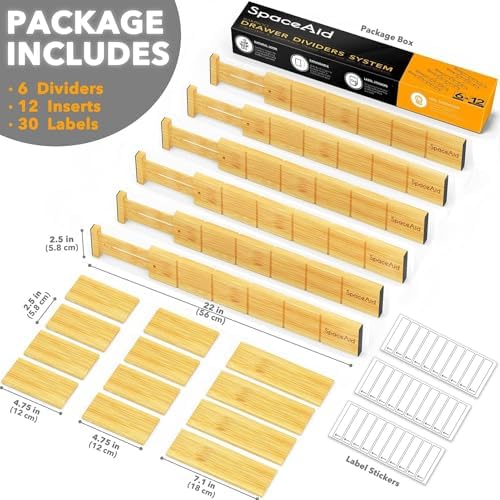 SpaceAid Bamboo Drawer Dividers with Inserts and Labels, Kitchen Adjustable Drawer Organizers, Expandable Organization for Home, Office, Dressers and Bathroom, 6 Dividers with 12 Inserts (17-22 in)