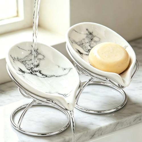 Dobbyby Leaf-Shaped Soap Dish – Ceramic Soap Bar Holder with Self-Drainage System – Bar Soap Holder for Shower, Bathroom Sink, Kitchen – Soap Dish with Stainless Steel Stand (White-Sliver-2 Pack)