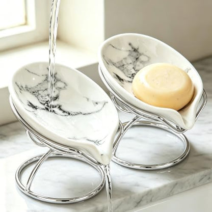 Dobbyby Leaf-Shaped Soap Dish – Ceramic Soap Bar Holder with Self-Drainage System – Bar Soap Holder for Shower, Bathroom Sink, Kitchen – Soap Dish with Stainless Steel Stand (White-Sliver-2 Pack)