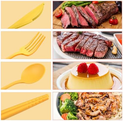 4 Sets Reusable Utensils Set with Case,Camping Cutlery Set Travel Silverware Set with Case Lunch Utensils Set for Work,Utensil Sets for Lunch Picnic Daily Use Outdoor (Yellow)