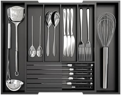 Bamboo Kitchen Silverware Drawer Organizer - Expandable Wood Utensil Holder with Dividers, Luxury Cutlery Storage Tray for Kitchen Utensil and Flatware (5-7 Slots with Removable Knife Block, Black)