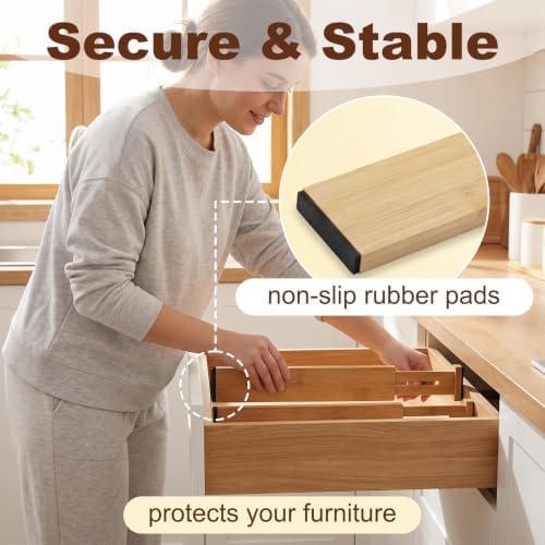 Joyeee Kitchen Drawer Dividers 8 Pack, 16.9-22" Adjustable Bamboo Drawer Organizer, 2.28" High Expandable Utensils Separators for Closet, Dresser, Bathroom, Bedroom